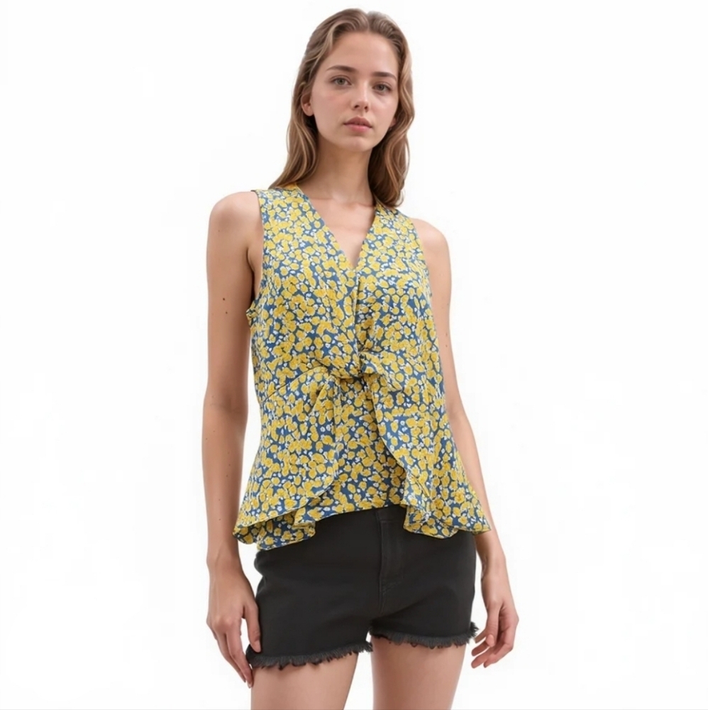 New Pleione Sleeveless V Neck Floral Twist Blouse Size Small